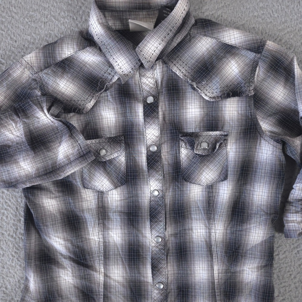 Harley-Davidson Shirt Womens Small Grey Plaid Pearl Snap Roll Tab Sleeve Western